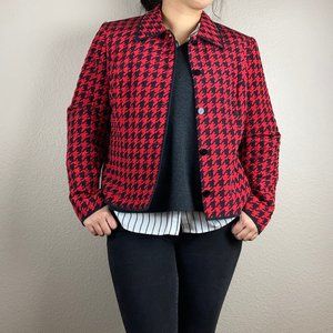 Vintage 80s / 90s Maggy London Red Silk Houndstooth Blazer - M / L